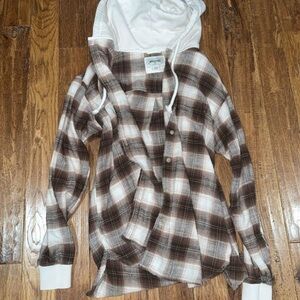 Brown and White Plaid Hoodie Shirt